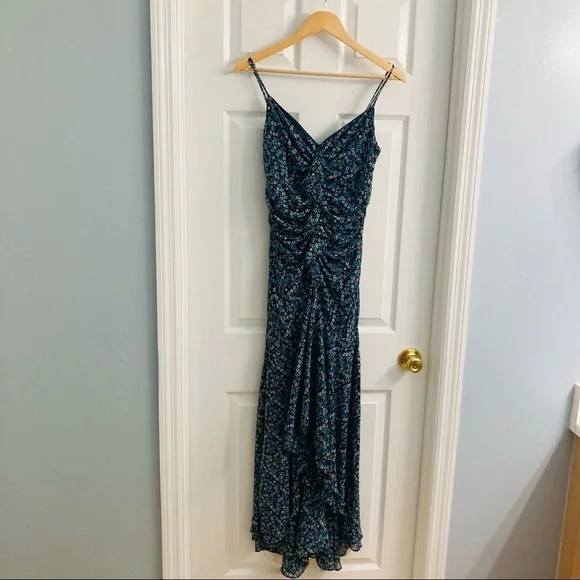 Vintage Cartise Dress Maxi Blue Black Floral Ruffled High Low Long Summer Small - Picture 7 of 12